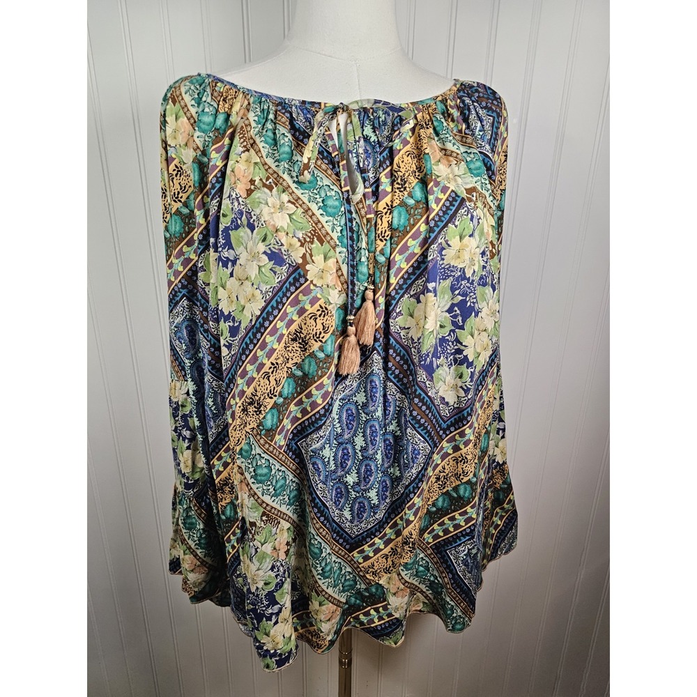 Johnny Was Miza Tiered Blouse Women's L Boho Coastal Rayon Tiered Sleeves